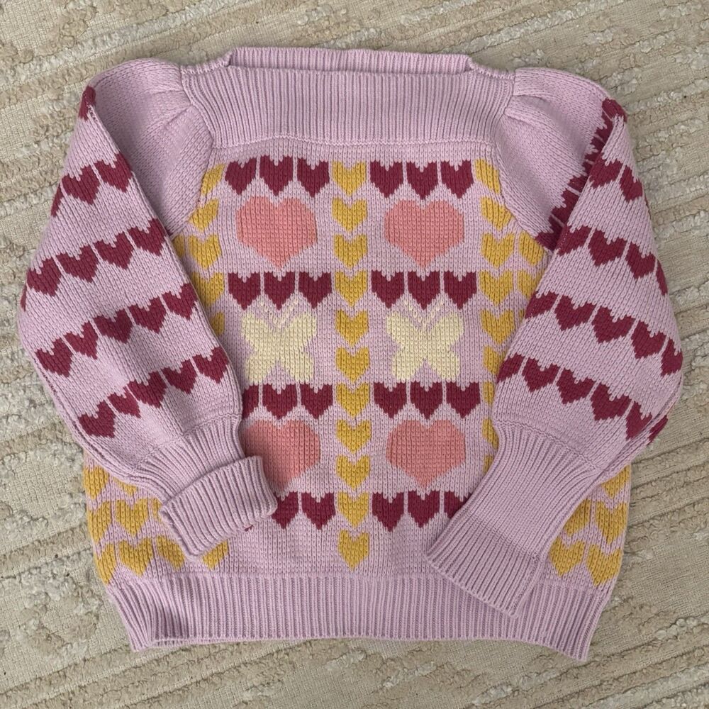LoveShackFancy Gizela Sweater Warm Heart Multi Intarsia Knit Boat Neck L